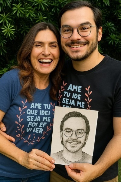 Casal feliz com desenho da Chama Gêmea